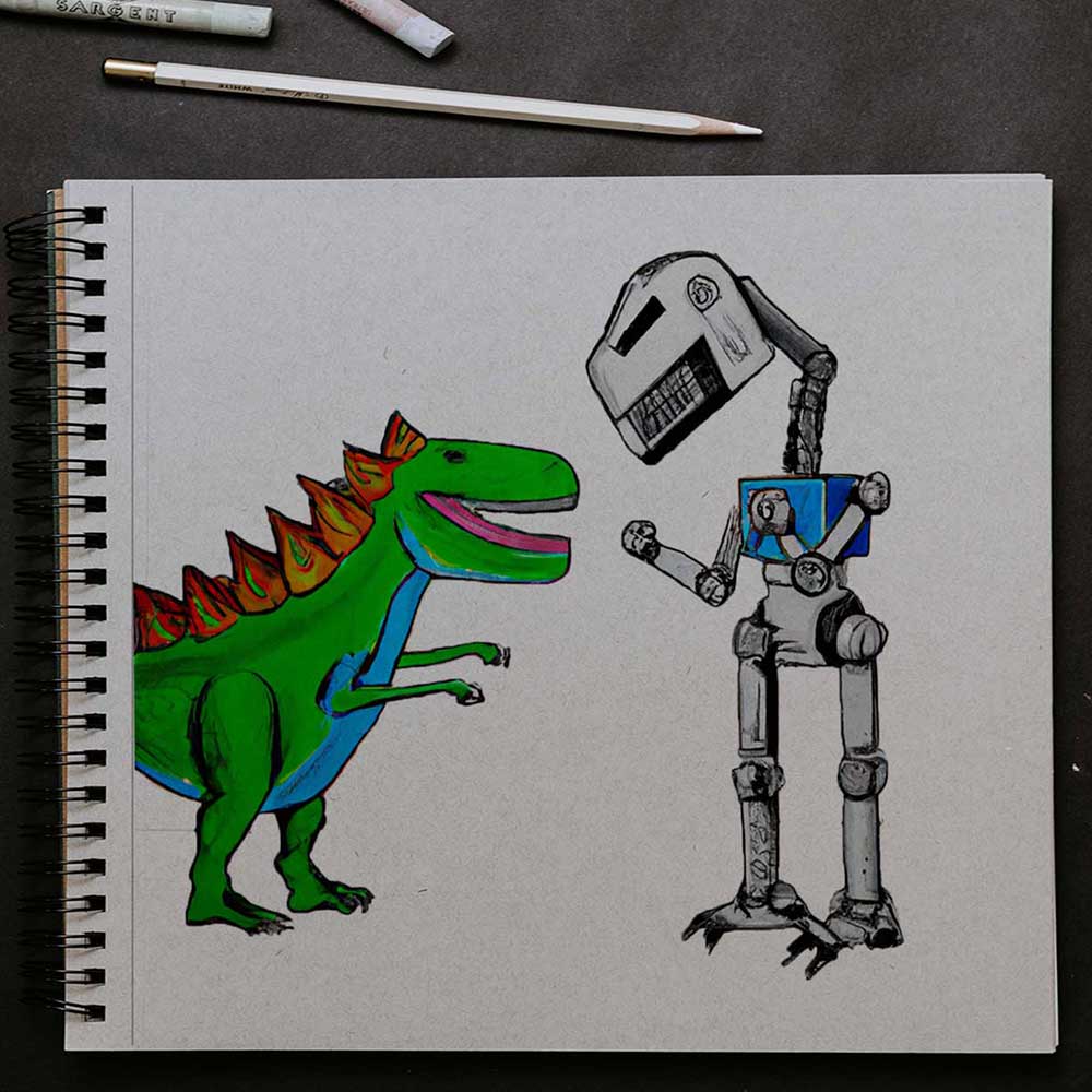 drawing of t-rex and robot
