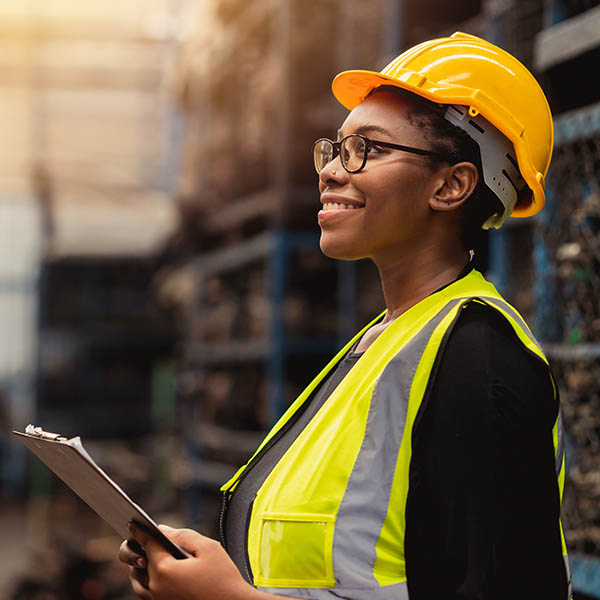 Worker wearing safety equipment conducting an inspection in an industrial facility