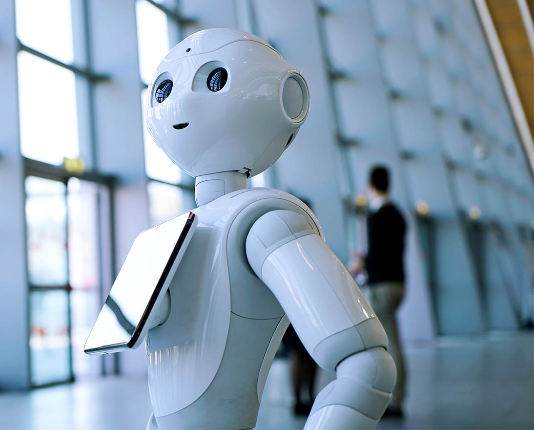 robot assistant with information screen in duty to give information