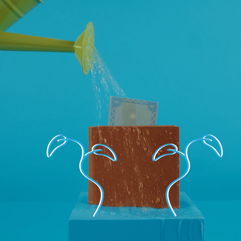 Graphic of watering can pouring water onto a wallet
