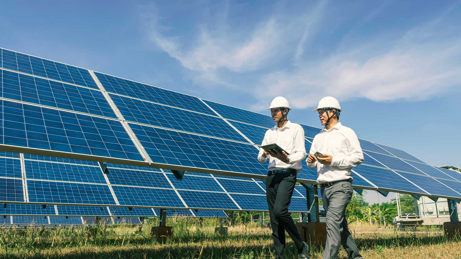 two men walking by solar panels