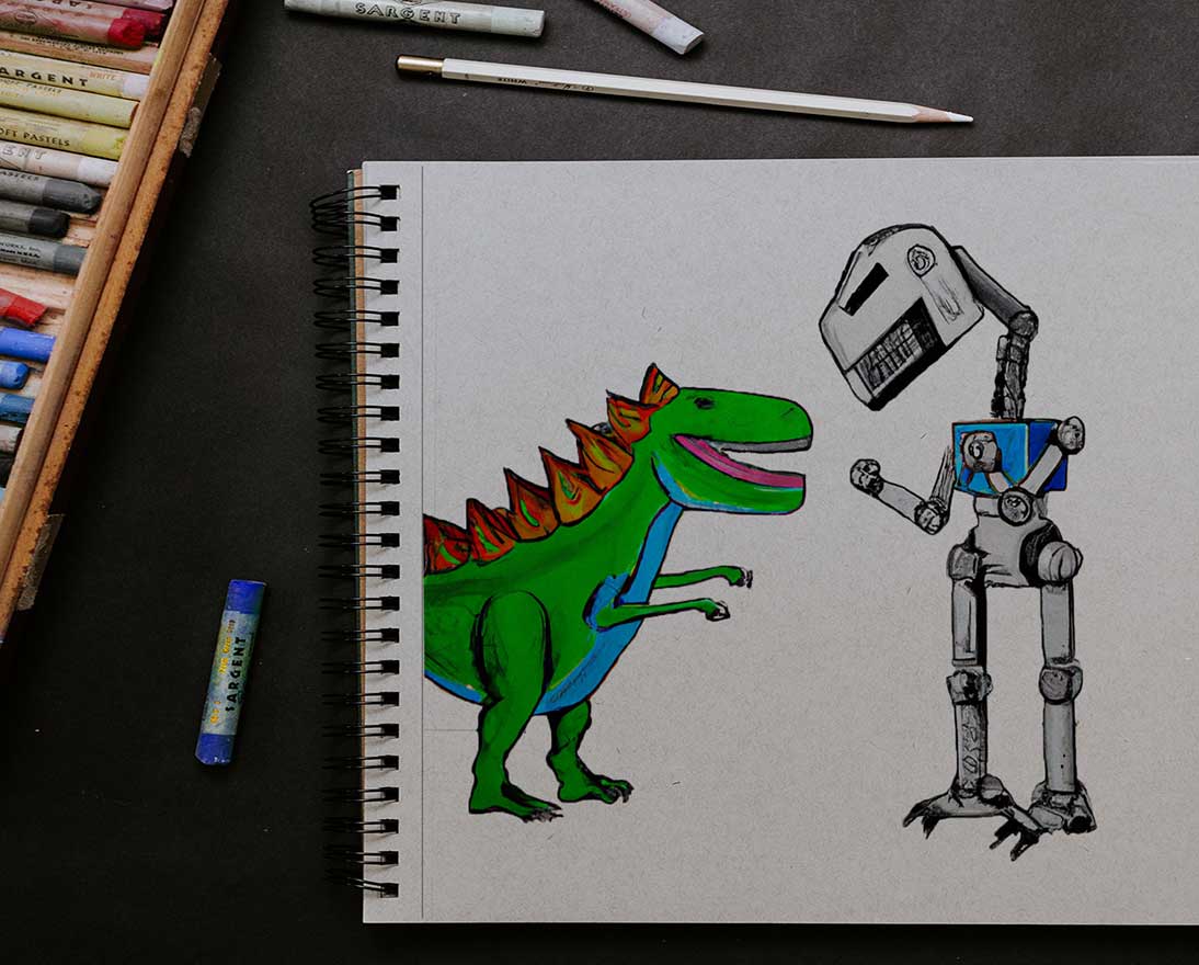 drawing of t-rex and robot